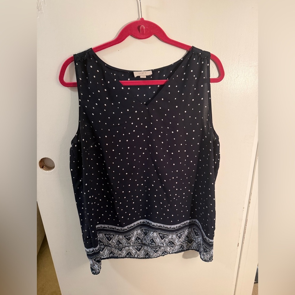 Loft outlet size L dark blue light blue blouse w/ polkadot & paisley details.